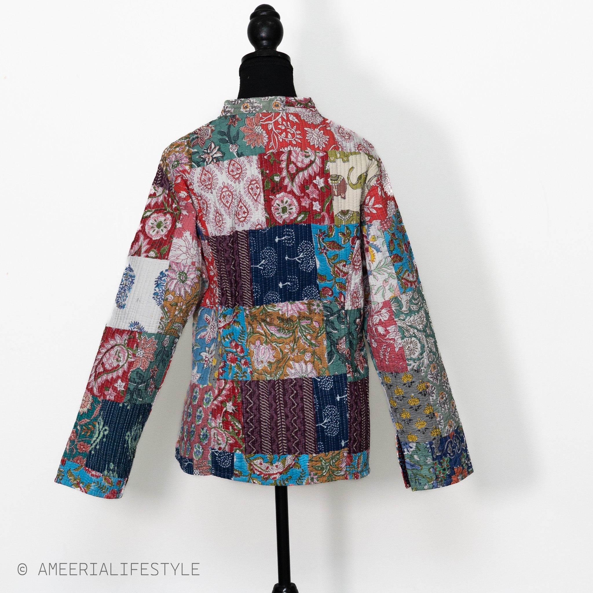 Cotton Quilted Reversible Spring/Fall Jacket - Short/Mid - Multicolor Patchwork & Navy Floral