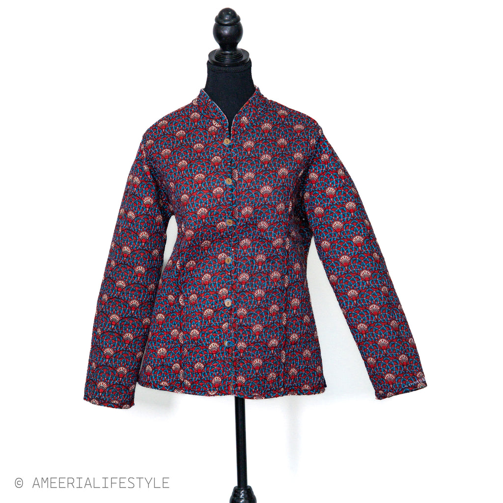 Cotton Quilted Reversible Spring/Fall Jacket - Short/Mid - Multicolor Patchwork & Navy Floral