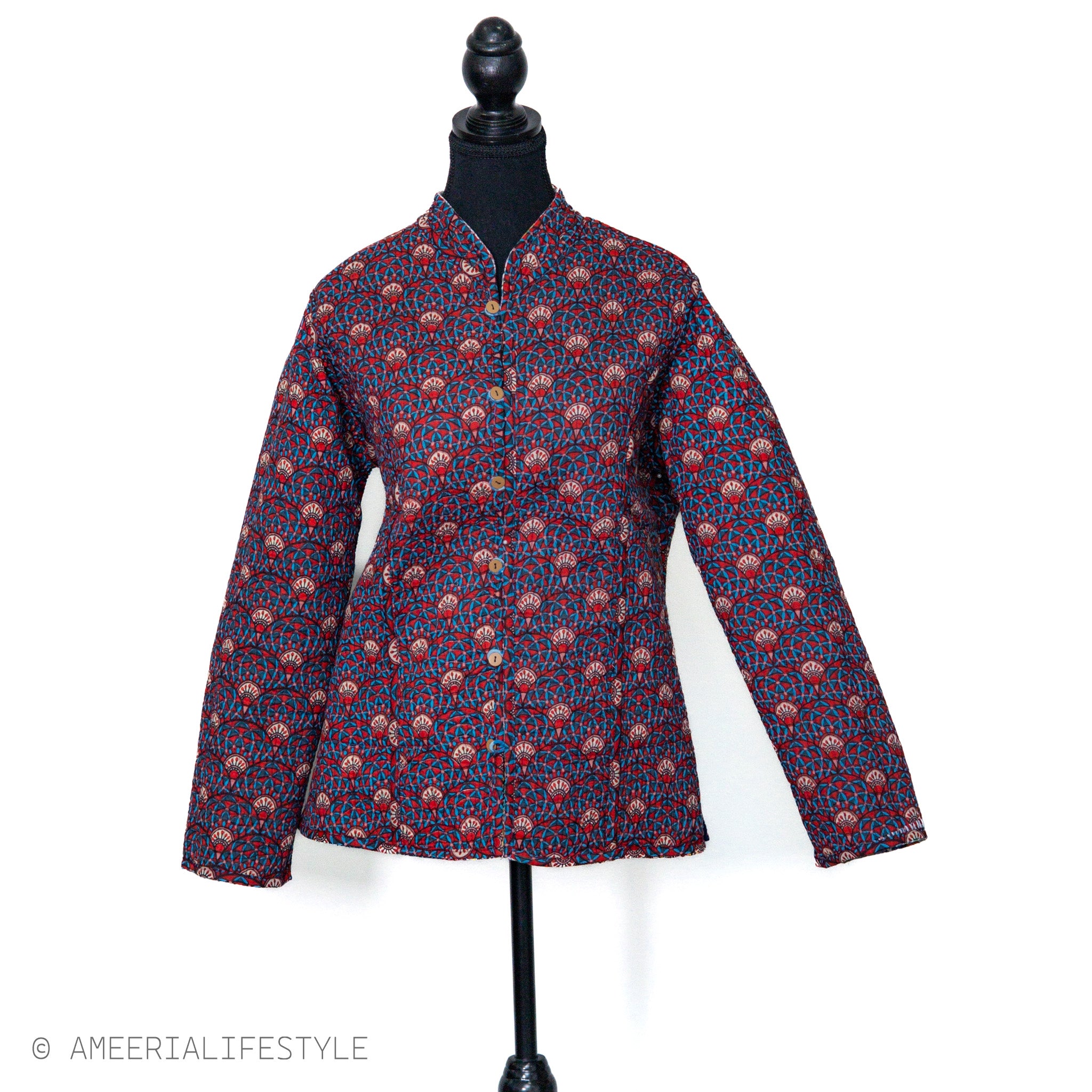 Cotton Quilted Reversible Spring/Fall Jacket - Short/Mid - Multicolor Patchwork & Navy Floral