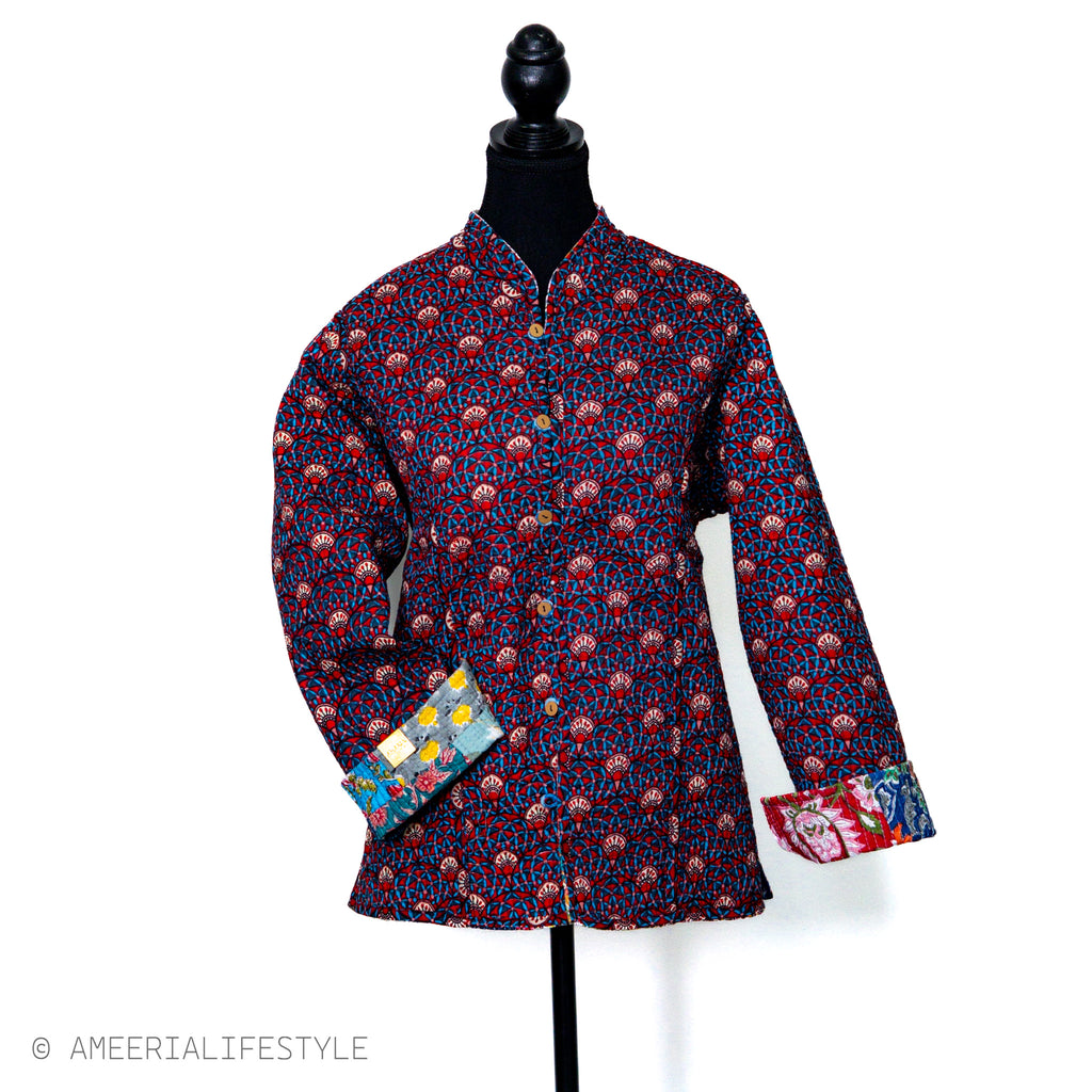 Cotton Quilted Reversible Spring/Fall Jacket - Short/Mid - Multicolor Patchwork & Navy Floral
