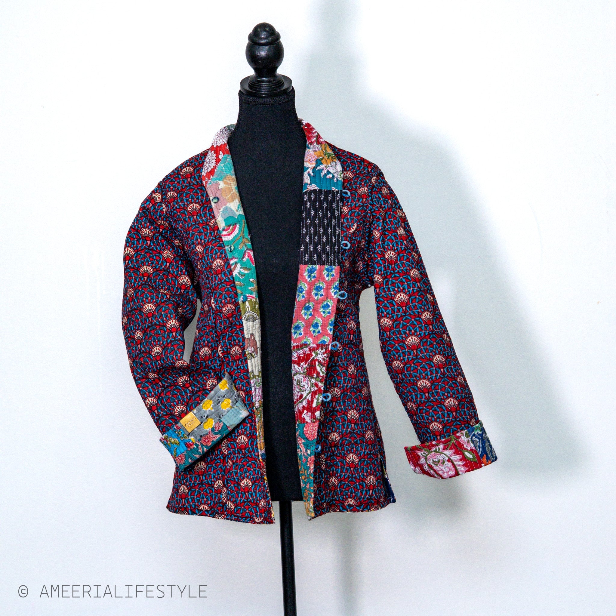 Cotton Quilted Reversible Spring/Fall Jacket - Short/Mid - Multicolor Patchwork & Navy Floral