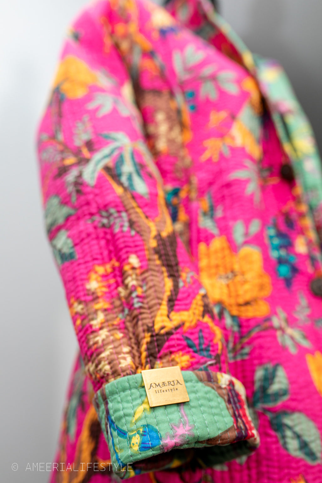 Cotton Quilted Reversible Spring/Fall Jacket - Long - Sage Green & Hot Pink Floral