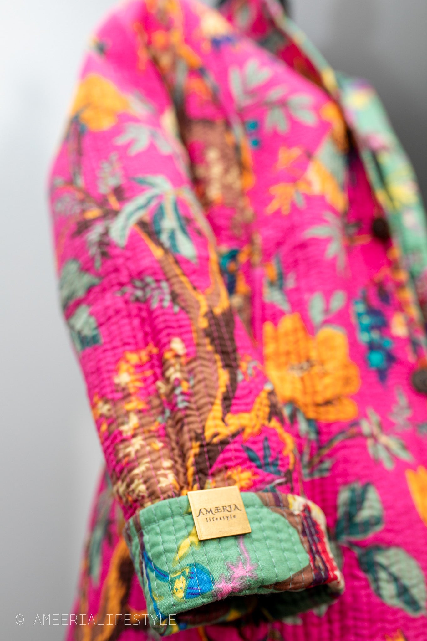 Cotton Quilted Reversible Spring/Fall Jacket - Long - Sage Green & Hot Pink Floral