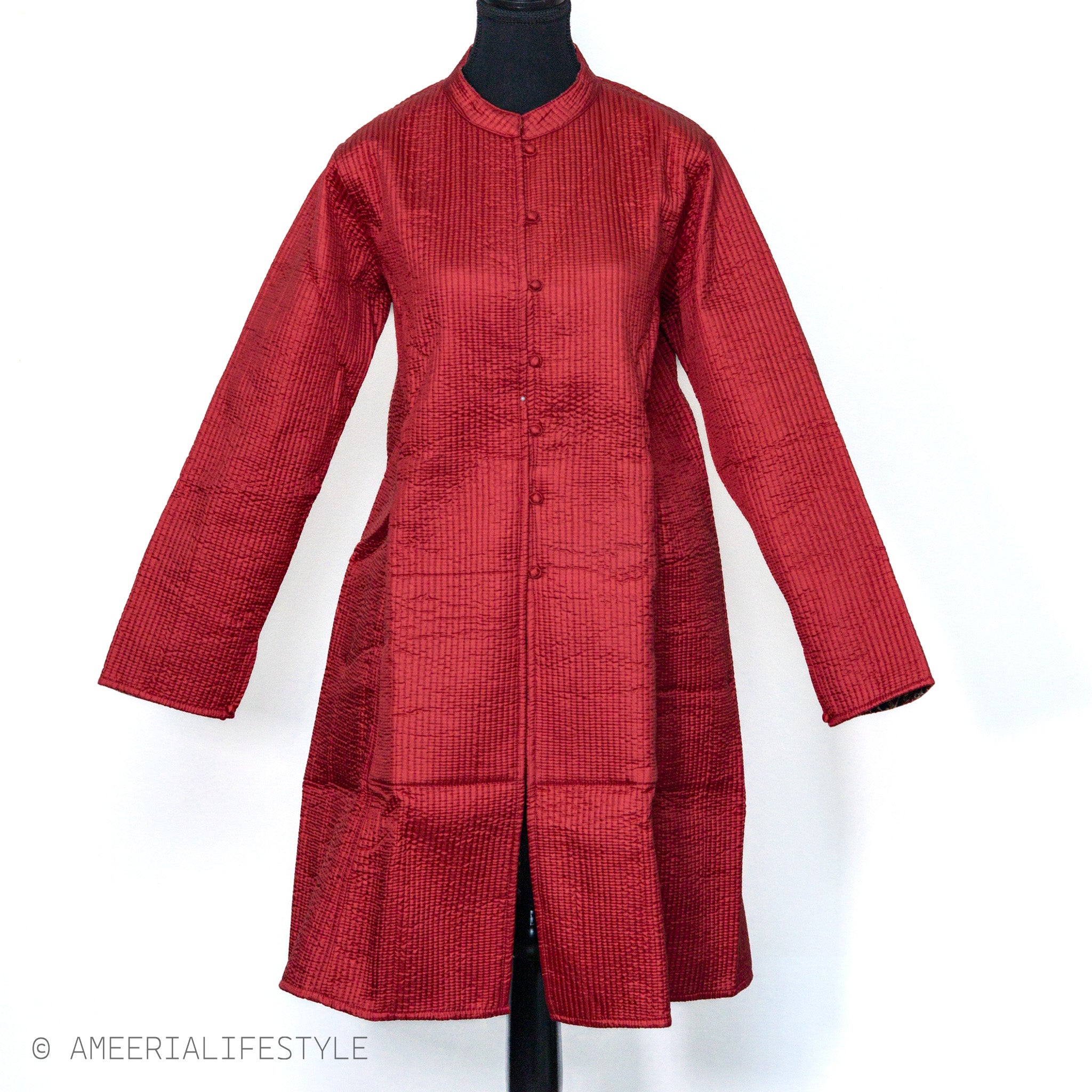 Cotton Silk Quilted Reversible Spring/Fall Jacket - Long - Coral Red & Navy Multicolor Floral