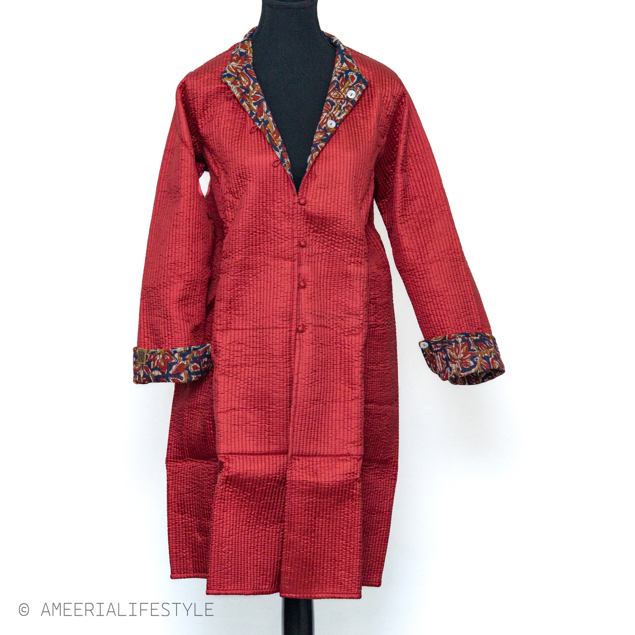 Cotton Silk Quilted Reversible Spring/Fall Jacket - Long - Coral Red & Navy Multicolor Floral