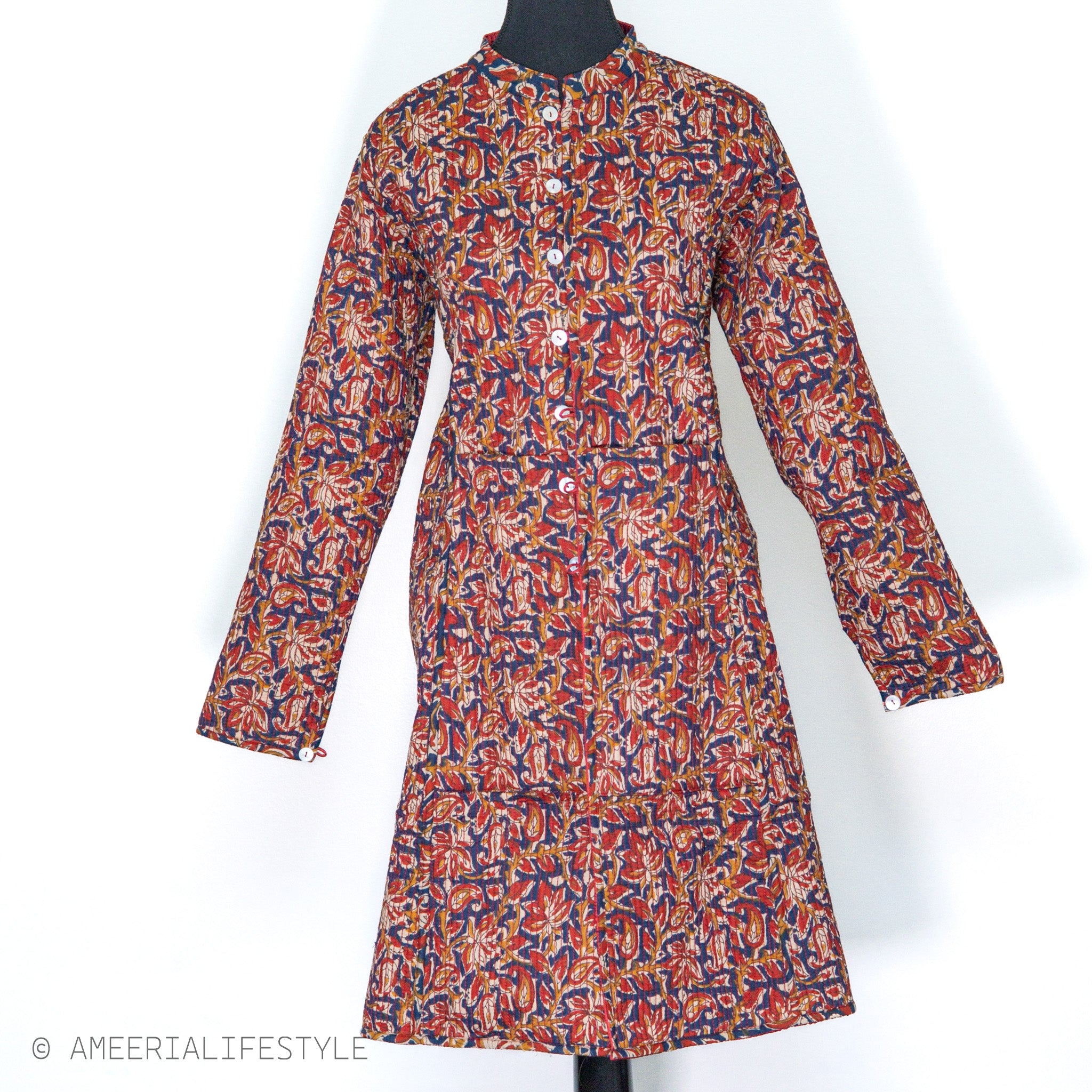 Cotton Silk Quilted Reversible Spring/Fall Jacket - Long - Coral Red & Navy Multicolor Floral