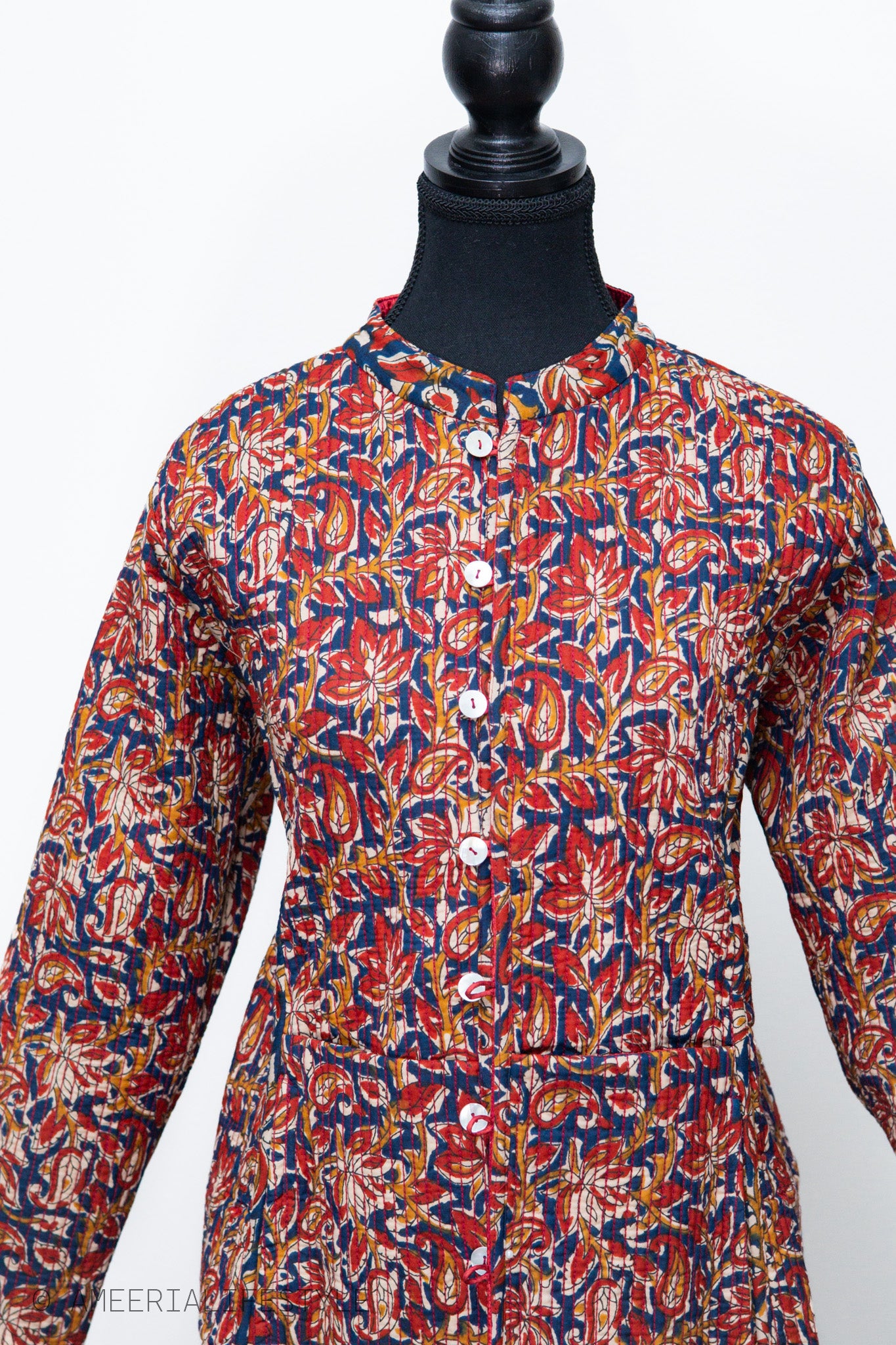 Cotton Silk Quilted Reversible Spring/Fall Jacket - Long - Coral Red & Navy Multicolor Floral