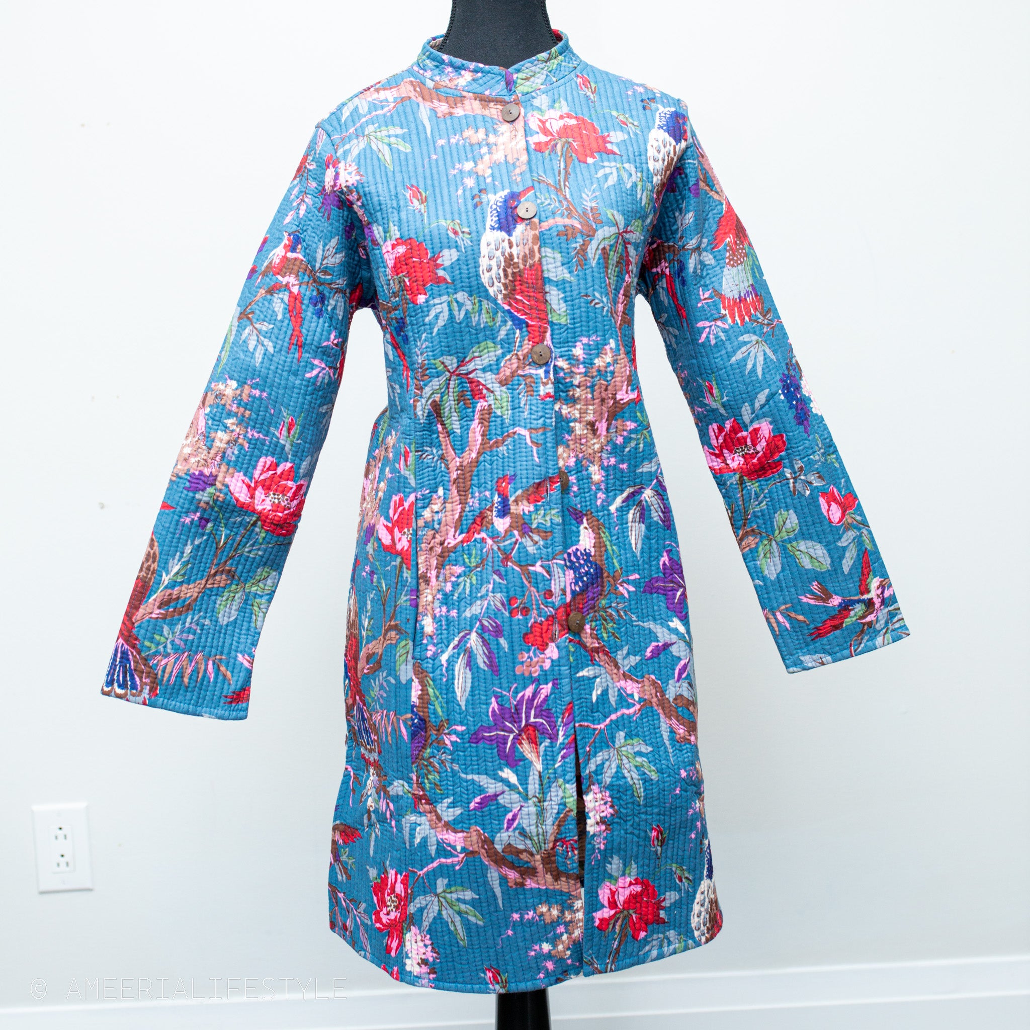 Cotton Quilted Reversible Spring/Fall Jacket - Long - Turquoise Floral & Cream Birds