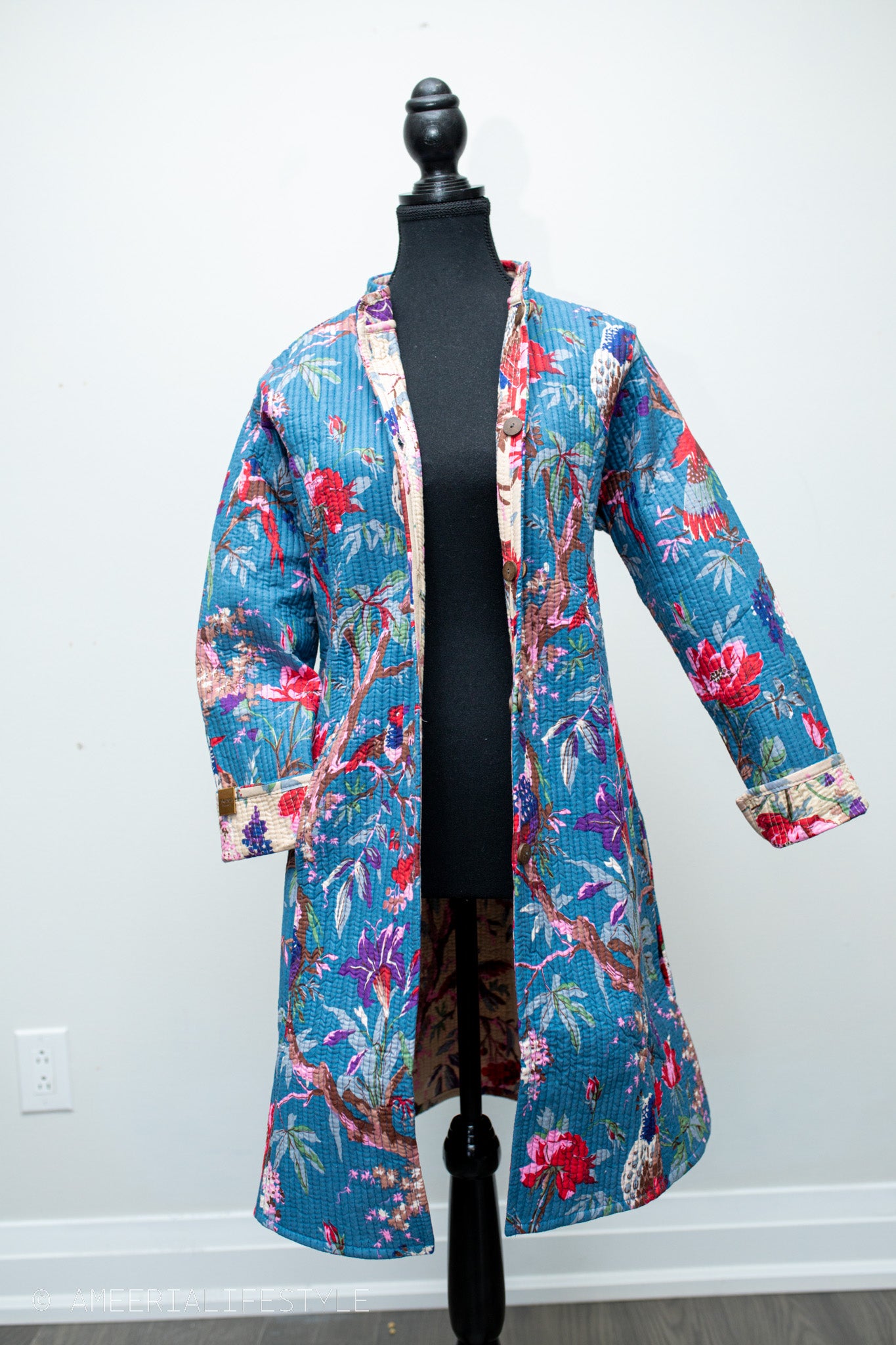 Cotton Quilted Reversible Spring/Fall Jacket - Long - Turquoise Floral & Cream Birds