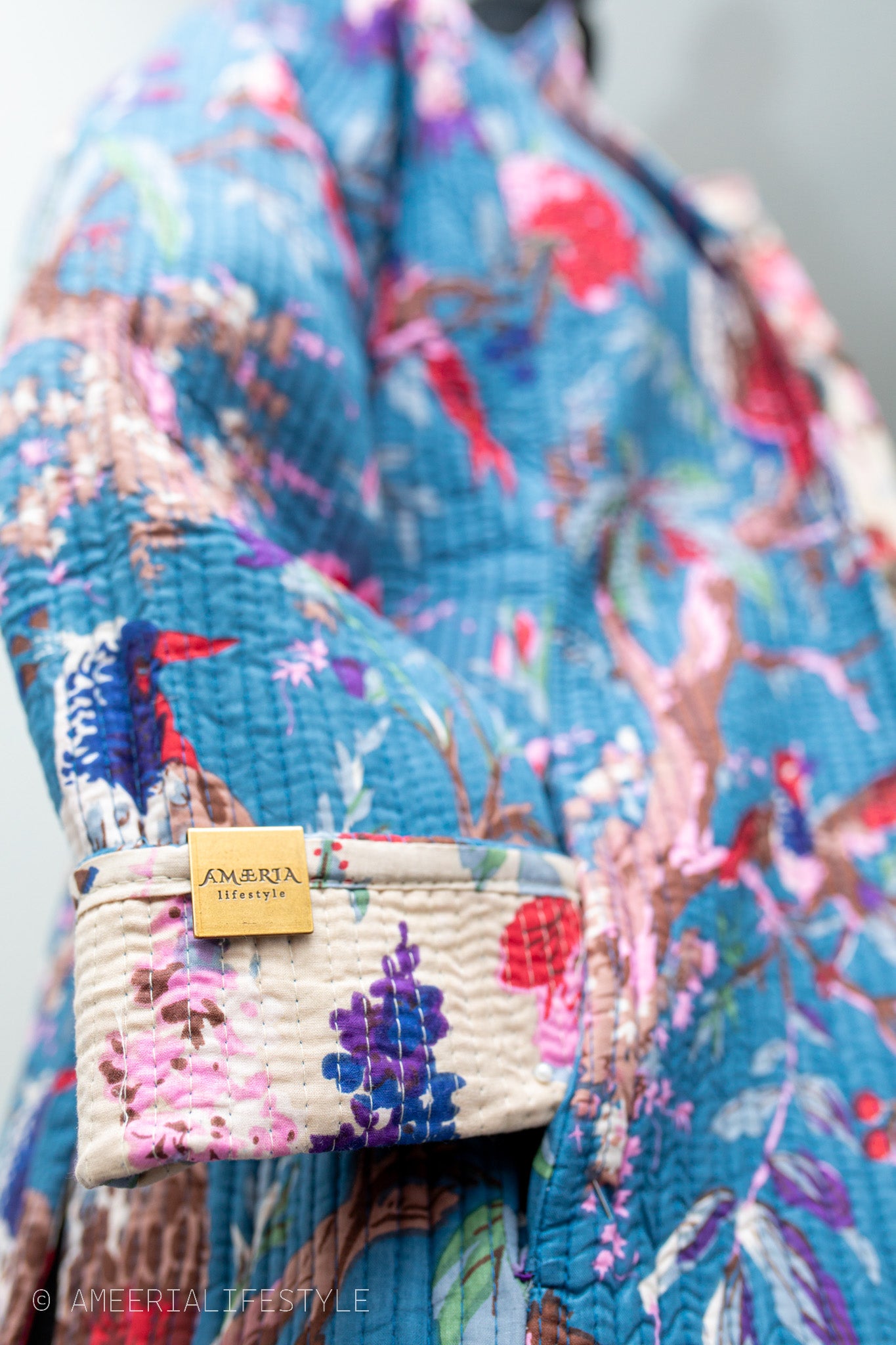 Cotton Quilted Reversible Spring/Fall Jacket - Long - Turquoise Floral & Cream Birds