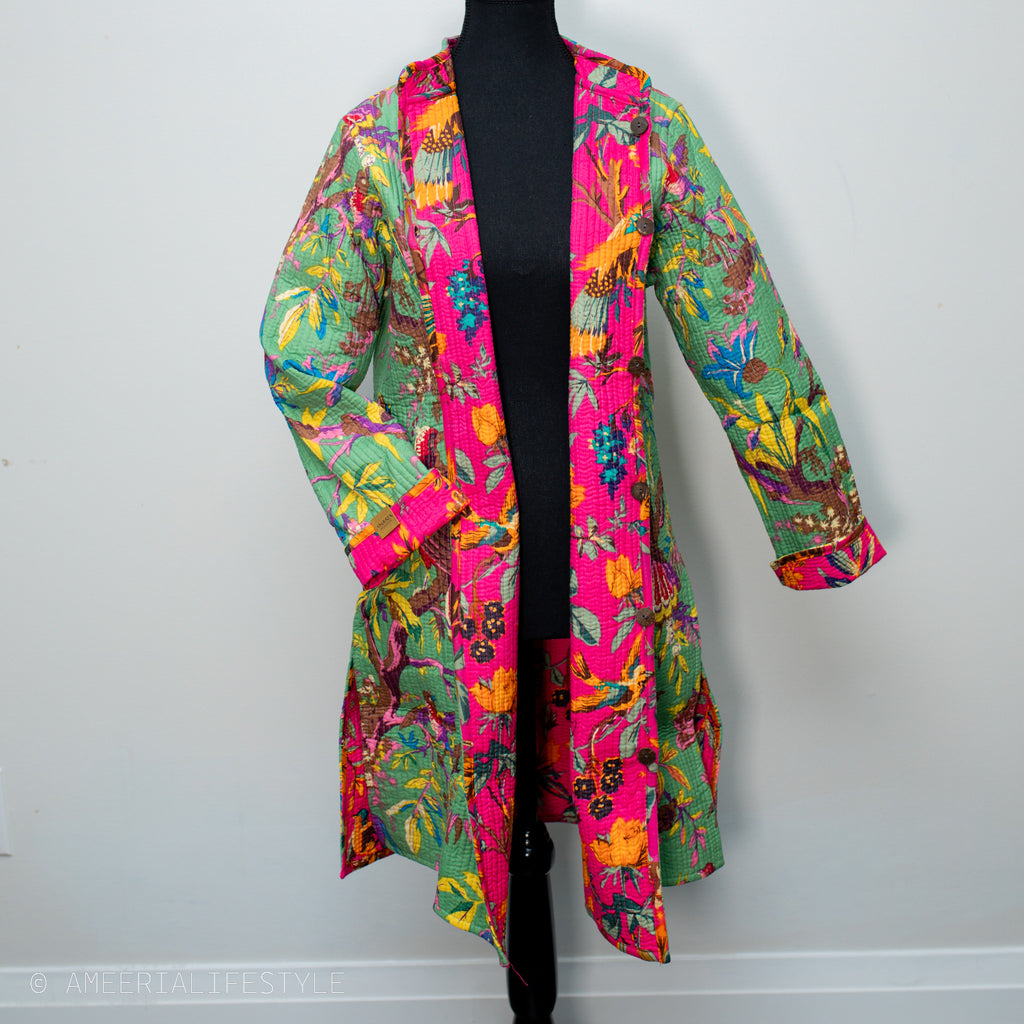 Cotton Quilted Reversible Spring/Fall Jacket - Long - Sage Green & Hot Pink Floral