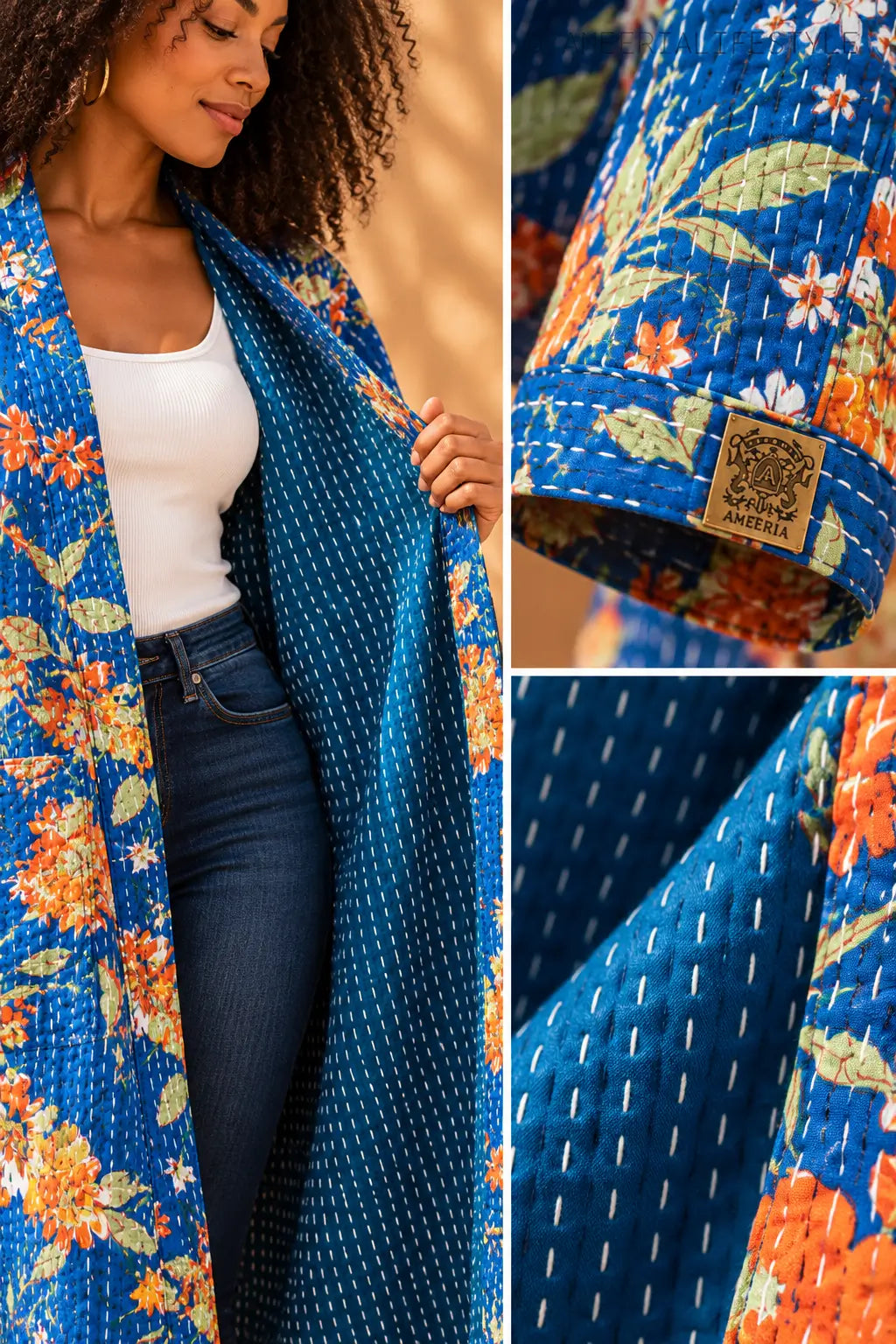 Azure Marigold – Kantha Quilted Cotton Kimono