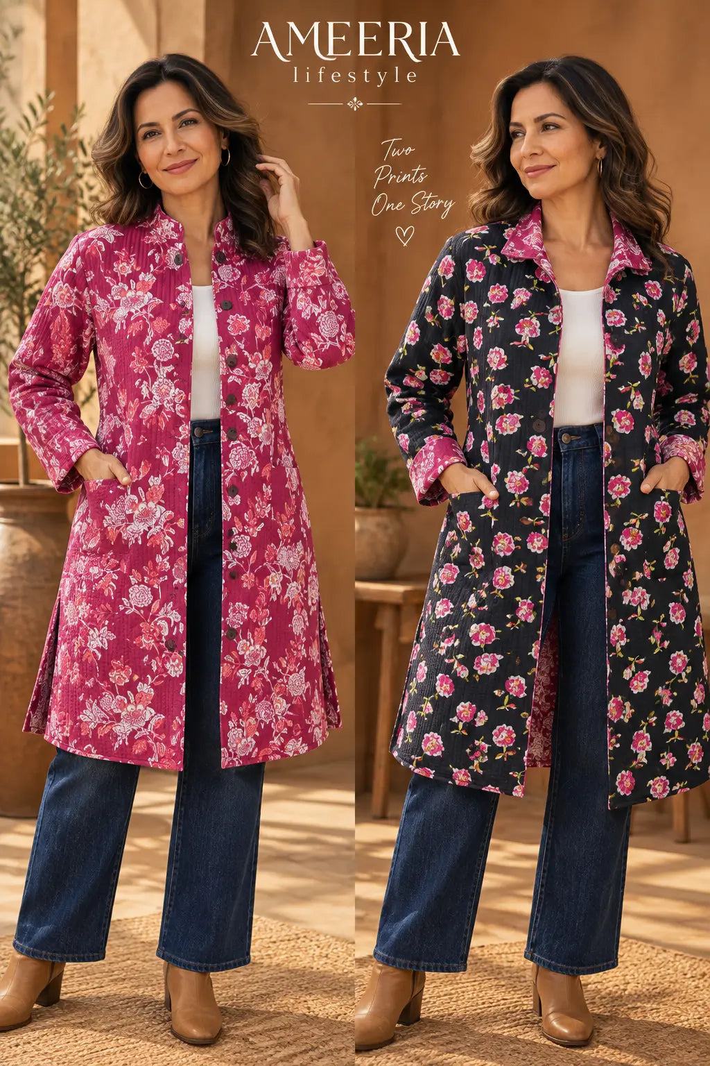 Cotton Quilted Reversible Spring/Fall Jacket - Long - Black & Pink Floral