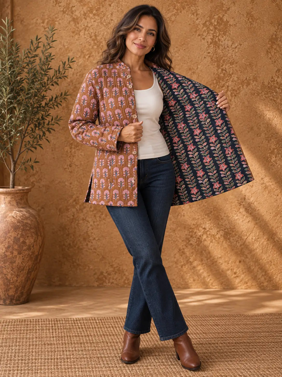 Cotton Quilted Reversible Spring/Fall Jacket - Short/Mid - Caramel & Black Hand Block Print