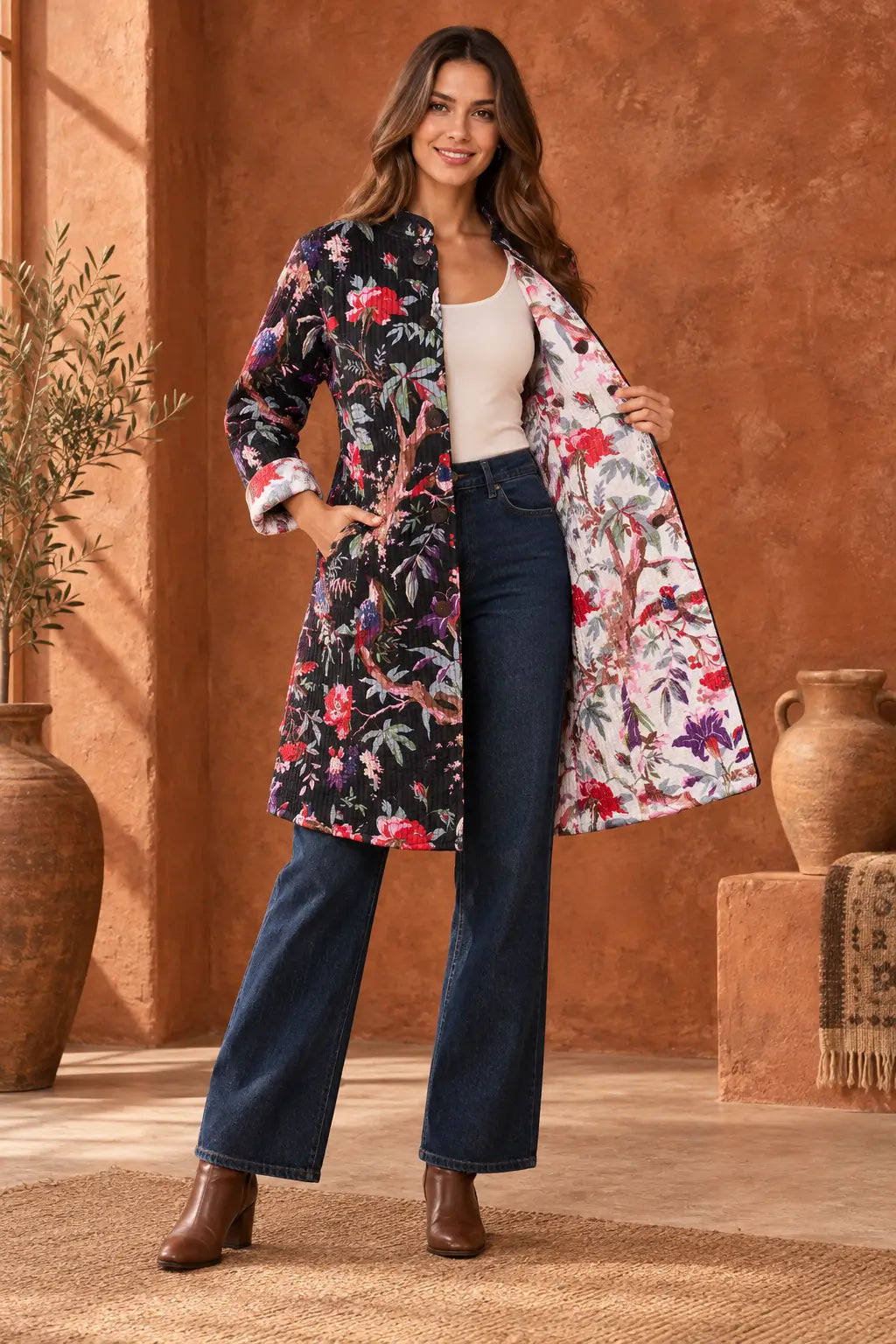 Cotton Quilted Reversible Spring/Fall Jacket - Long - Off white & Black Floral