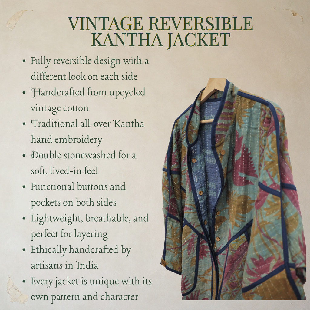 Vintage Reversible Kantha Jacket – Sage Green Botanical Print – XL/2XL