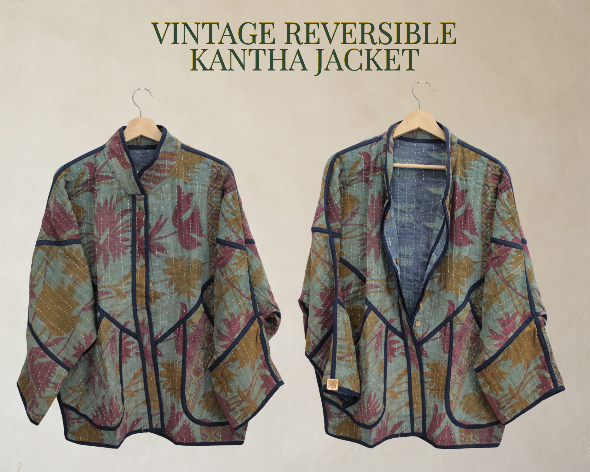 Vintage Reversible Kantha Jacket – Sage Green Botanical Print – XL/2XL