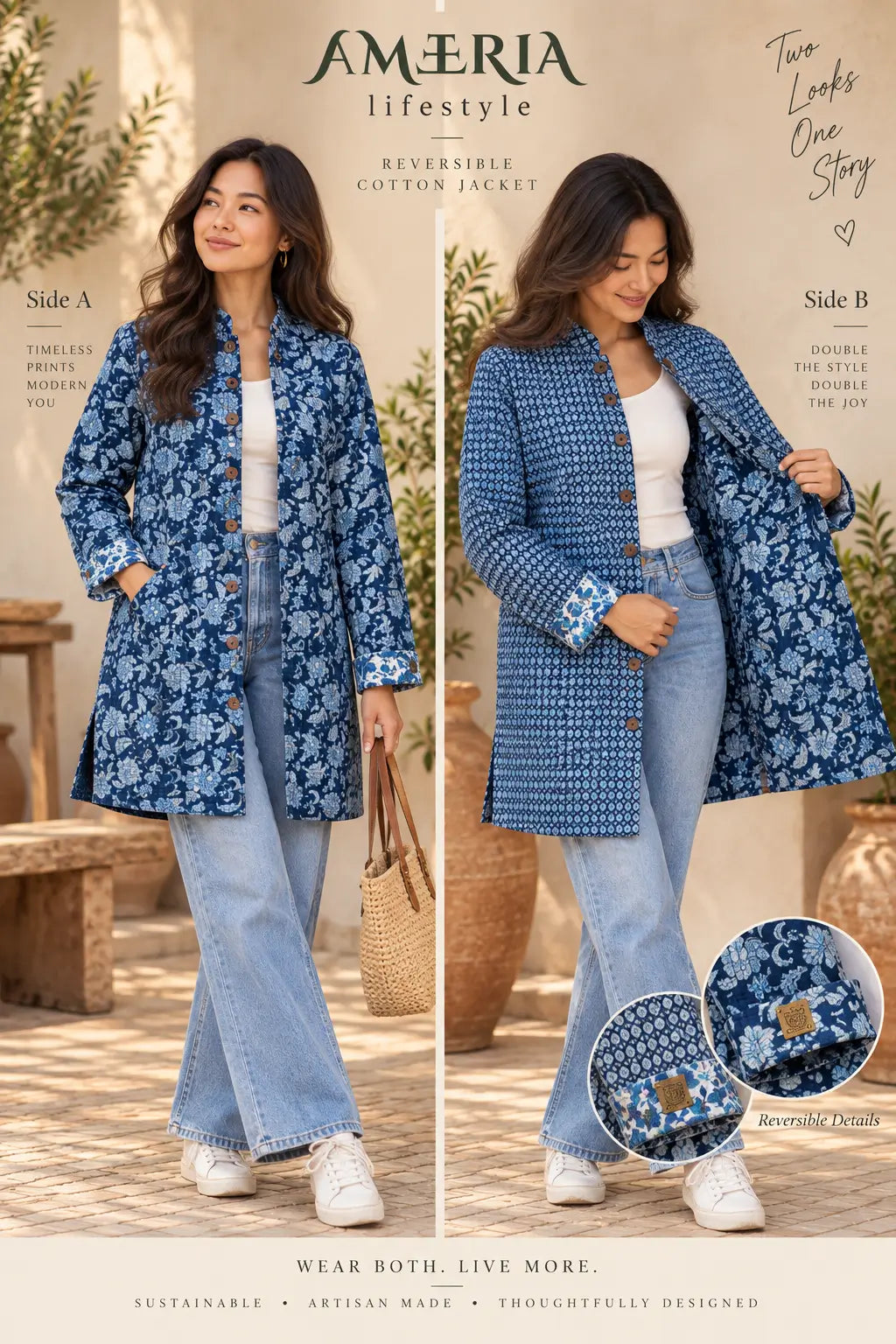 Cotton Quilted Reversible Spring/Fall Jacket - Long - Navy Blue Floral & Light Blue Geometric