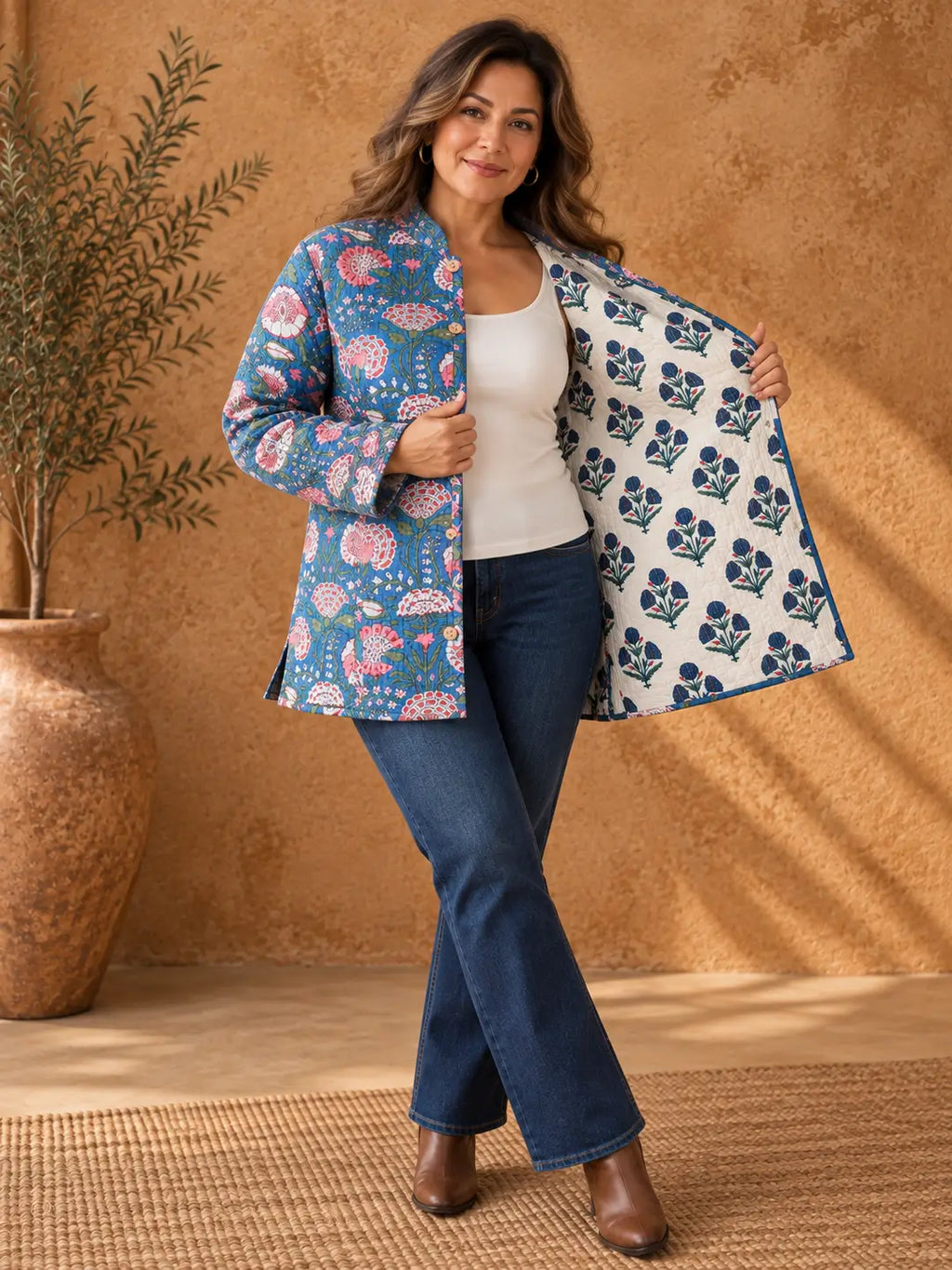 Cotton Quilted Reversible Spring/Fall Jacket - Short/Mid - Teal Blue & Cream Floral