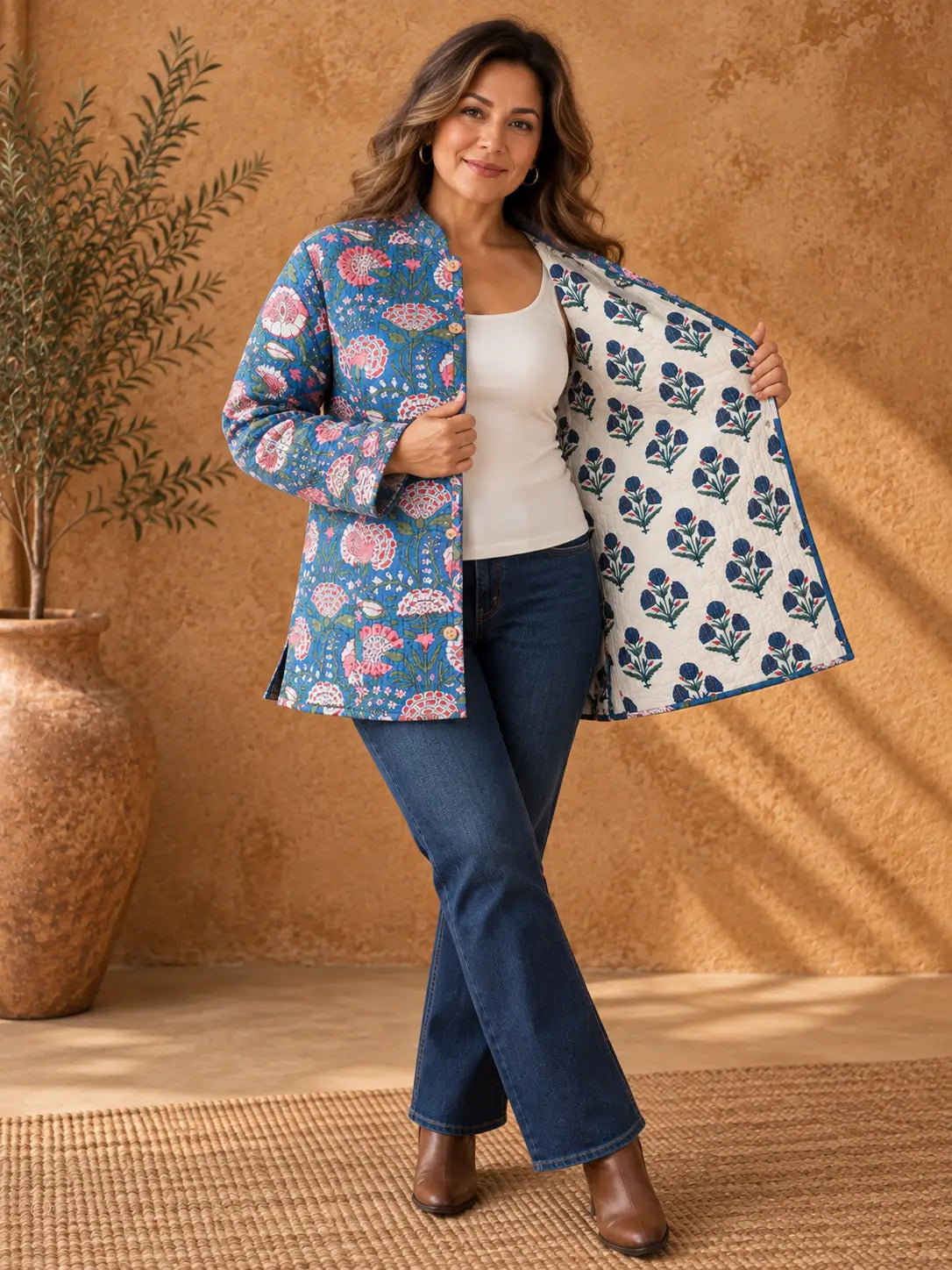 Cotton Quilted Reversible Spring/Fall Jacket - Short/Mid - Teal Blue & Cream Floral