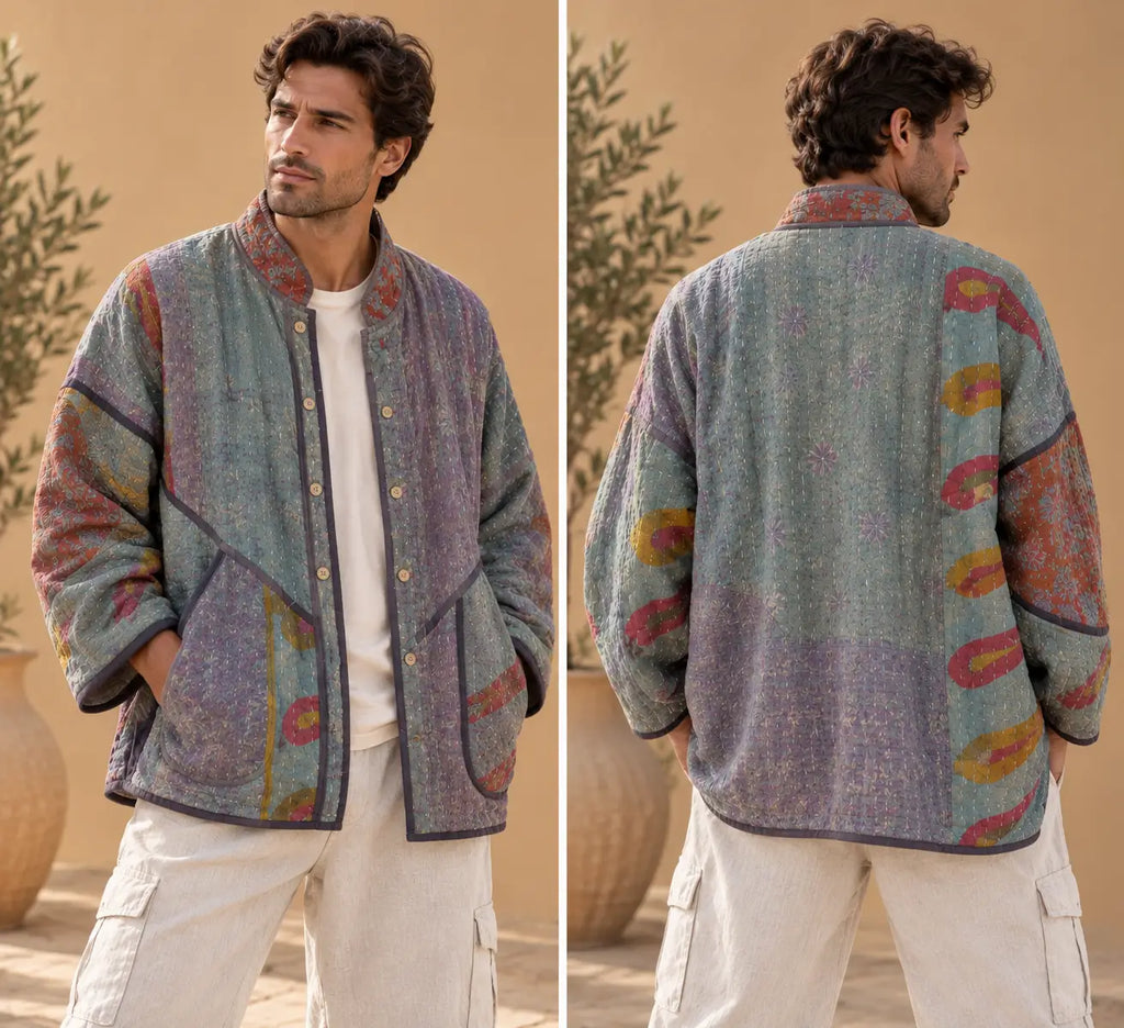 Sage & Mauve Patchwork Reversible Kantha Jacket