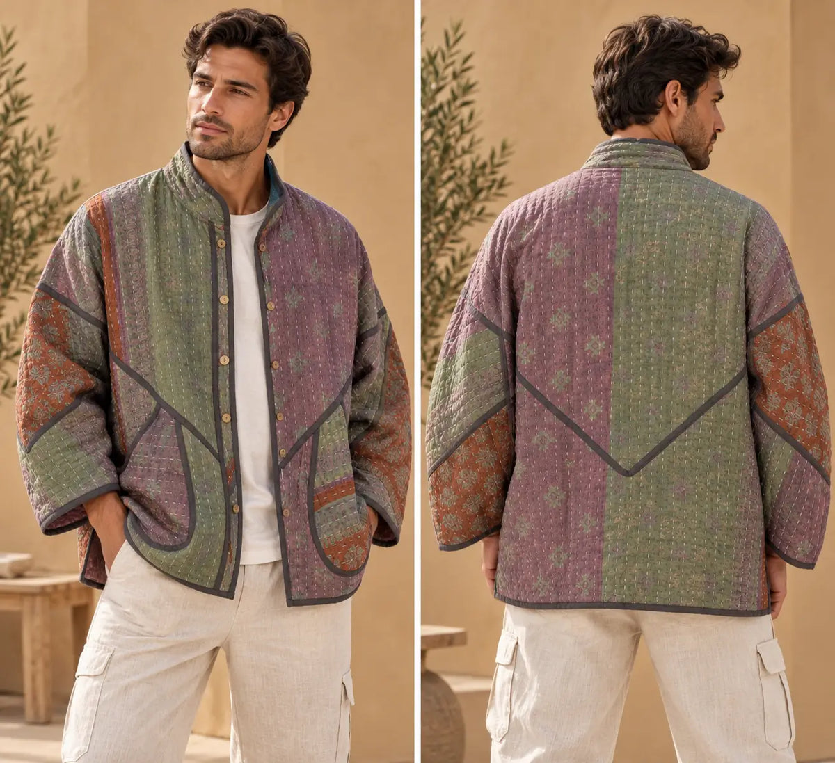 Sage & Mauve Patchwork Reversible Kantha Jacket