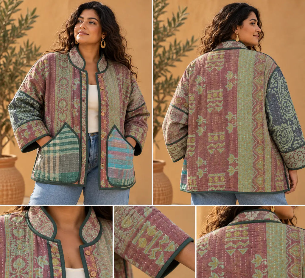 Vintage Rosewood & Sage Reversible Kantha Jacket