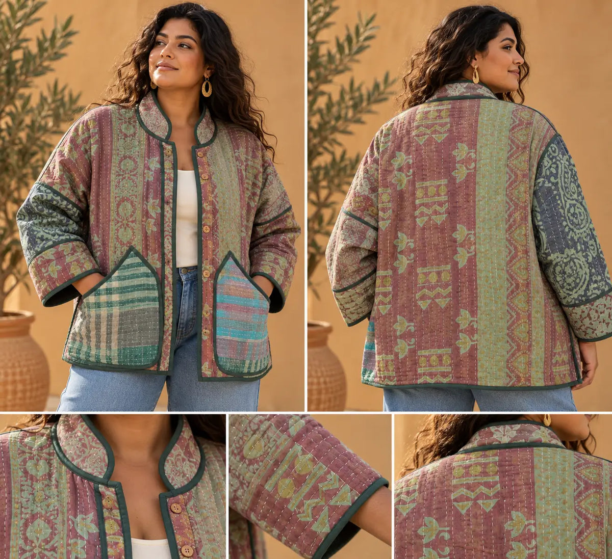 Vintage Rosewood & Sage Reversible Kantha Jacket