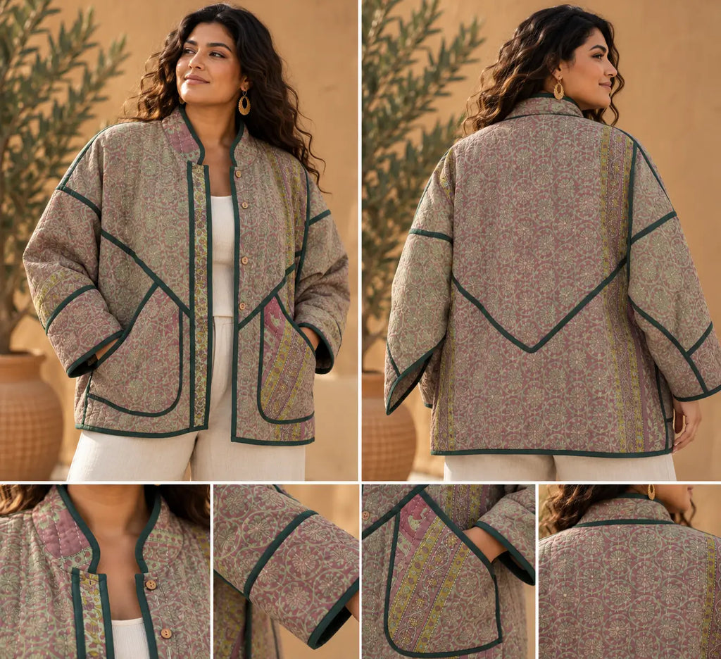 Vintage Rosewood & Sage Reversible Kantha Jacket