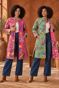 Cotton Quilted Reversible Spring/Fall Jacket - Long - Sage Green & Hot Pink Floral
