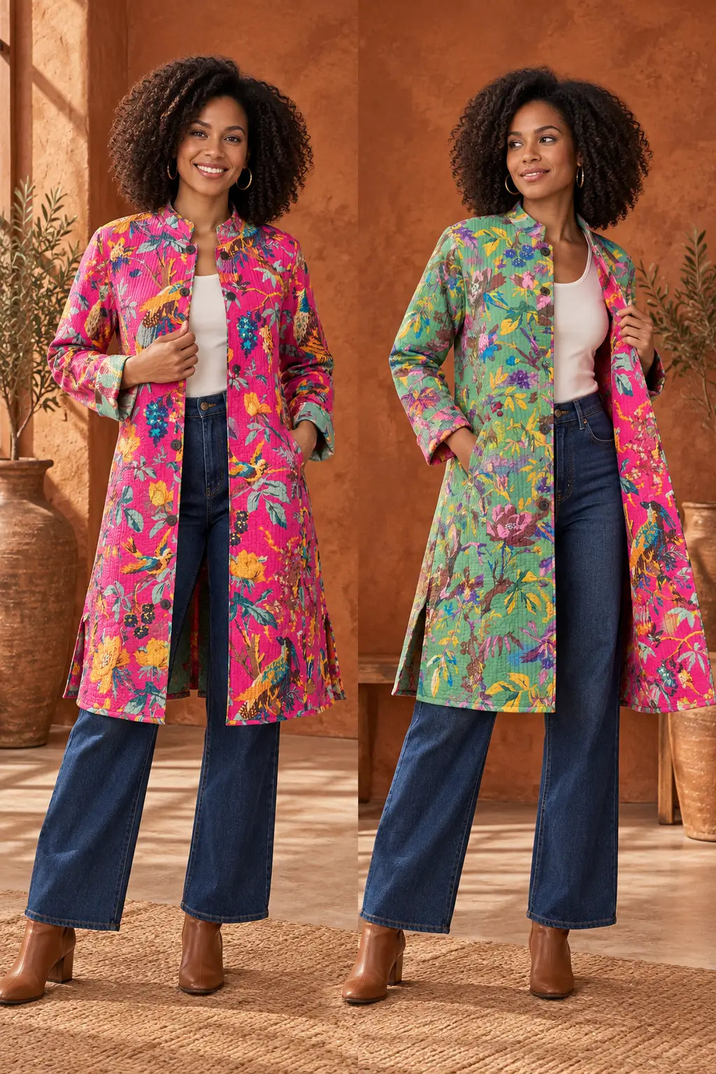 Cotton Quilted Reversible Spring/Fall Jacket - Long - Sage Green & Hot Pink Floral