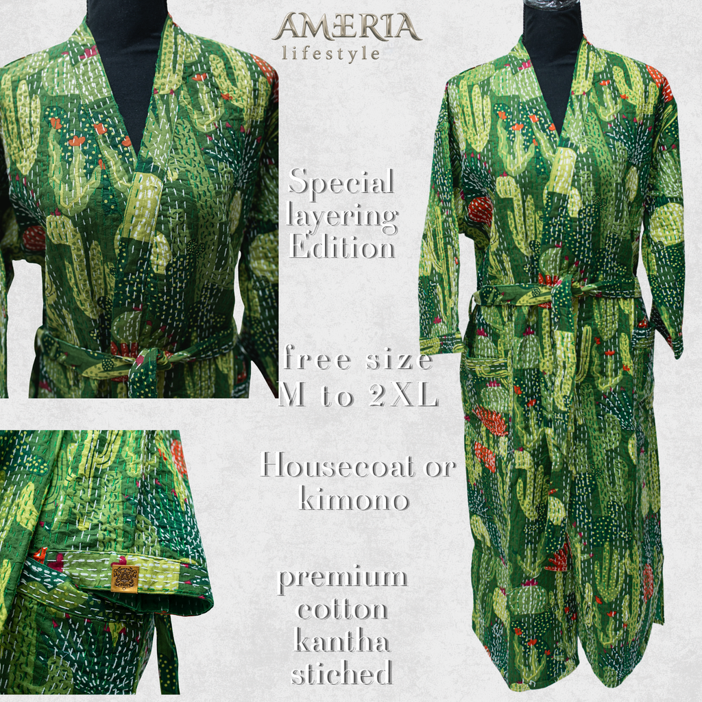 Moss Green Cactus Print Housecoat Kimono — Kantha Stitched Organic Cotton