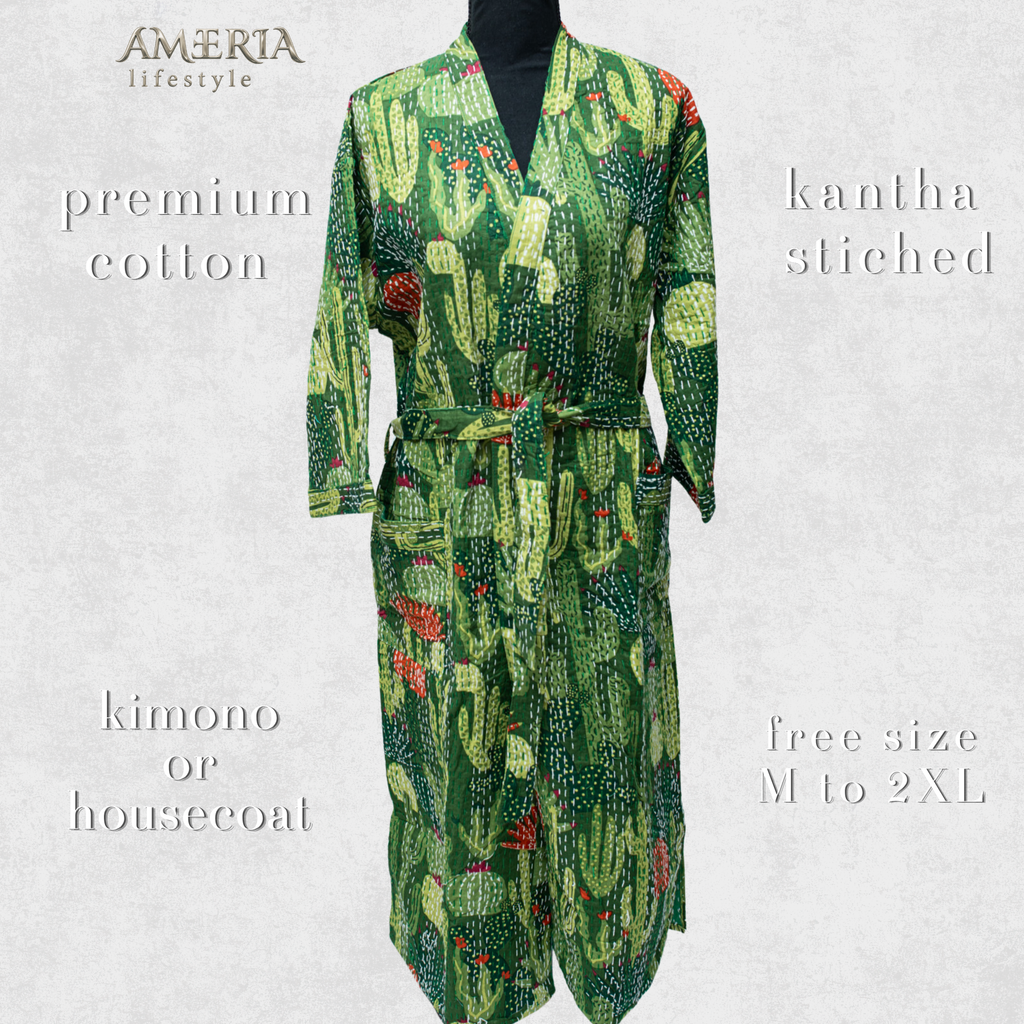 Moss Green Cactus Print Housecoat Kimono — Kantha Stitched Organic Cotton