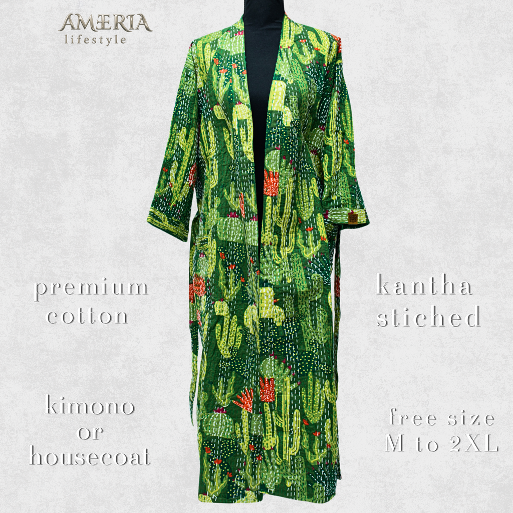 Moss Green Cactus Print Housecoat Kimono — Kantha Stitched Organic Cotton