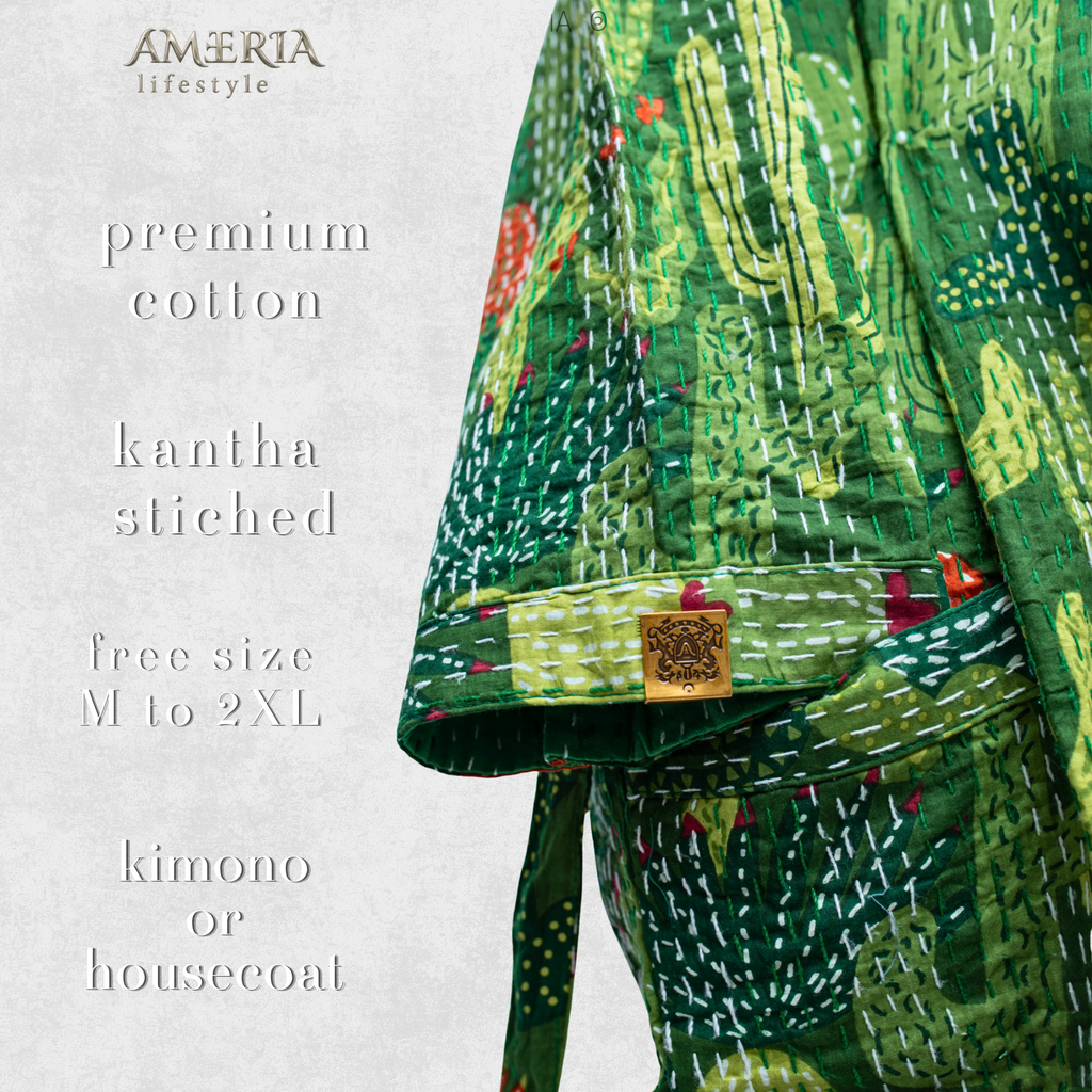 Moss Green Cactus Print Housecoat Kimono — Kantha Stitched Organic Cotton
