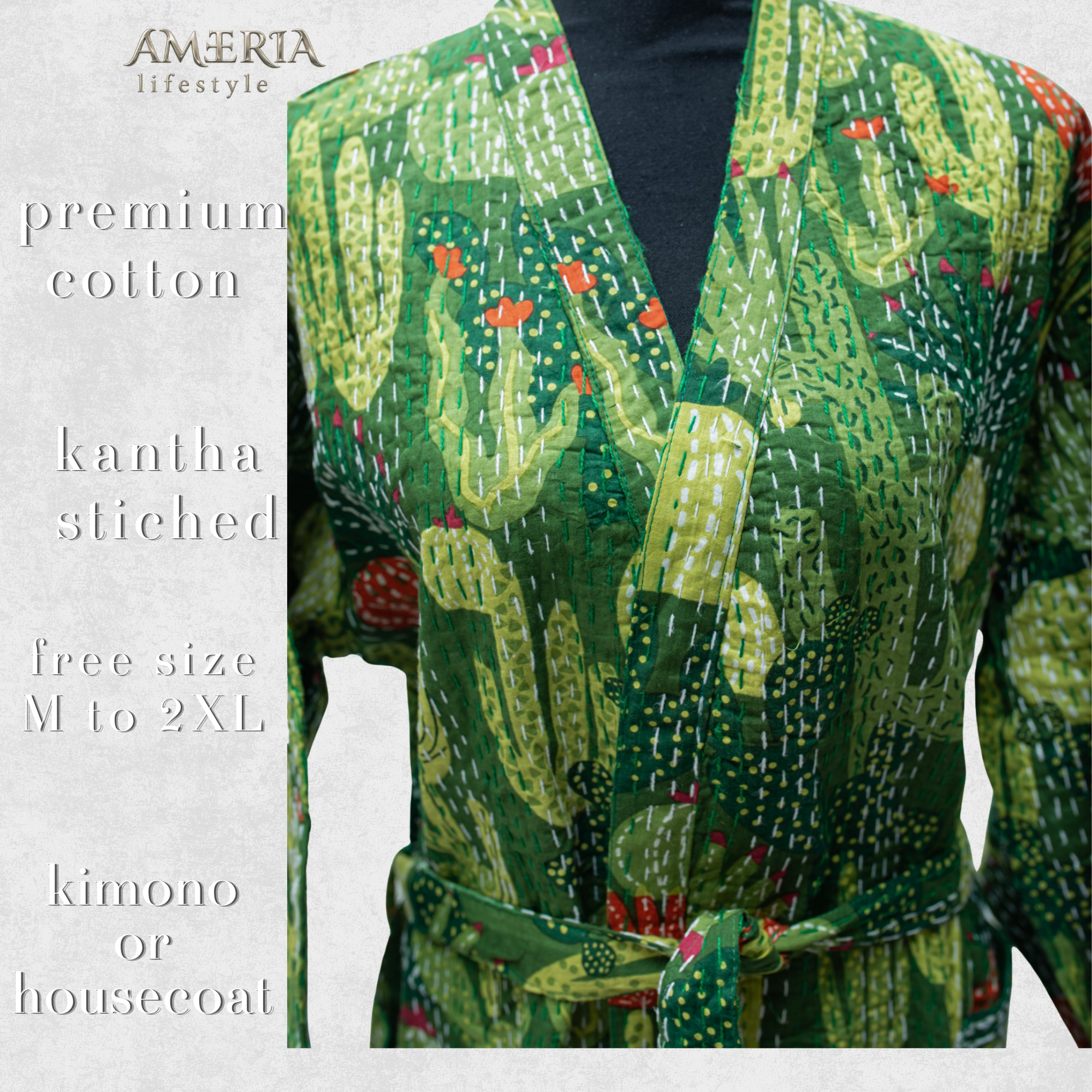 Moss Green Cactus Print Housecoat Kimono — Kantha Stitched Organic Cotton