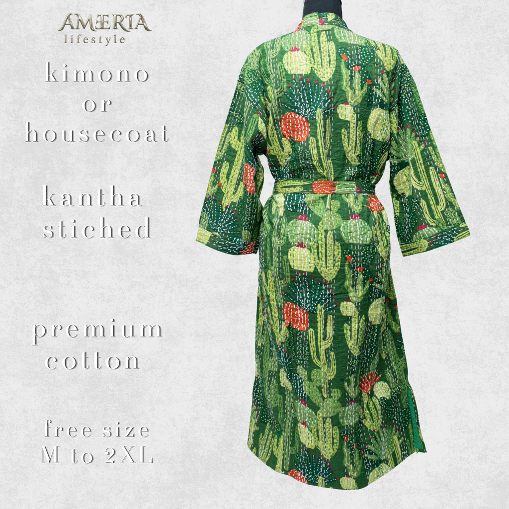 Moss Green Cactus Print Housecoat Kimono — Kantha Stitched Organic Cotton