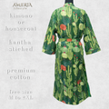 Moss Green Cactus Print Housecoat Kimono — Kantha Stitched Organic Cotton