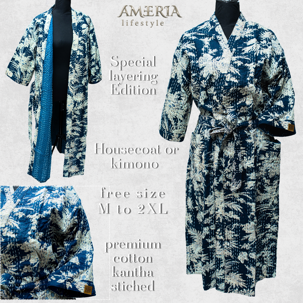 Indigo Blue Tropical Housecoat Kimono — Kantha Stitched Organic Cotton