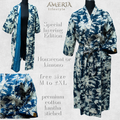 Indigo Blue Tropical Housecoat Kimono — Kantha Stitched Organic Cotton