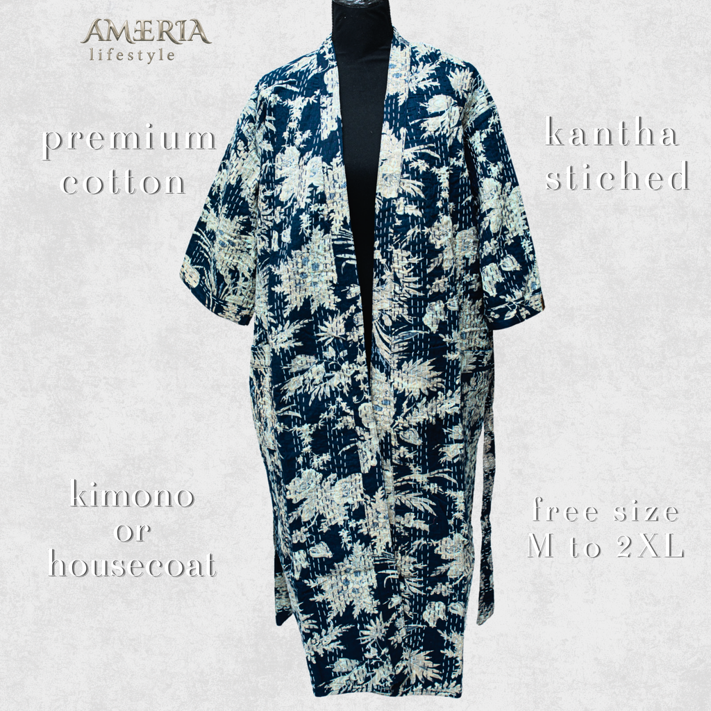 Indigo Blue Tropical Housecoat Kimono — Kantha Stitched Organic Cotton