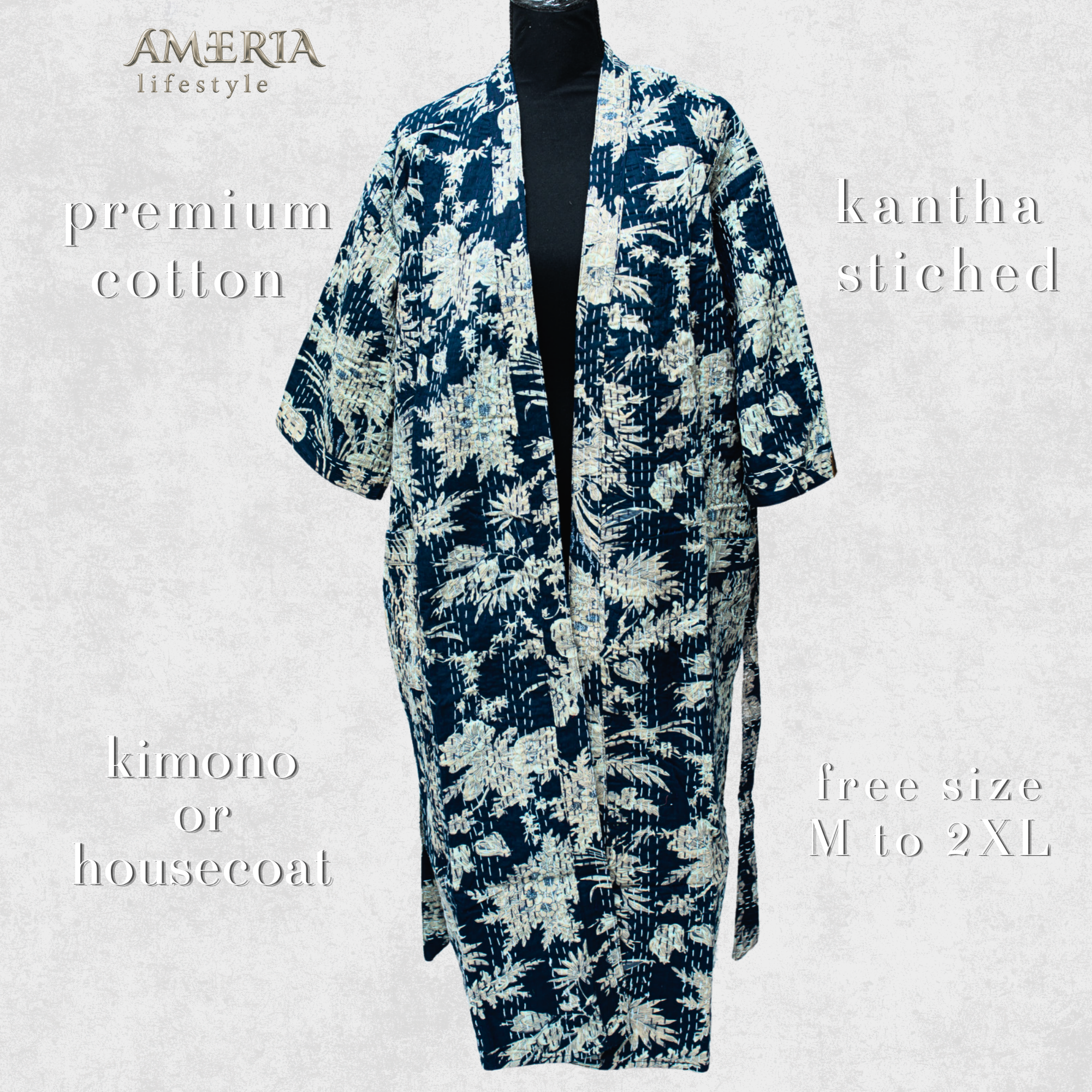 Indigo Blue Tropical Housecoat Kimono — Kantha Stitched Organic Cotton
