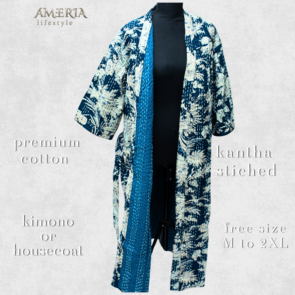 Indigo Blue Tropical Housecoat Kimono — Kantha Stitched Organic Cotton