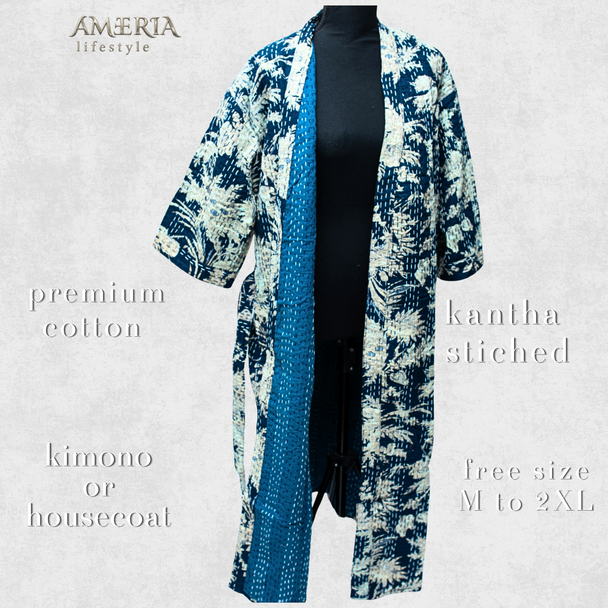 Indigo Blue Tropical Housecoat Kimono — Kantha Stitched Organic Cotton