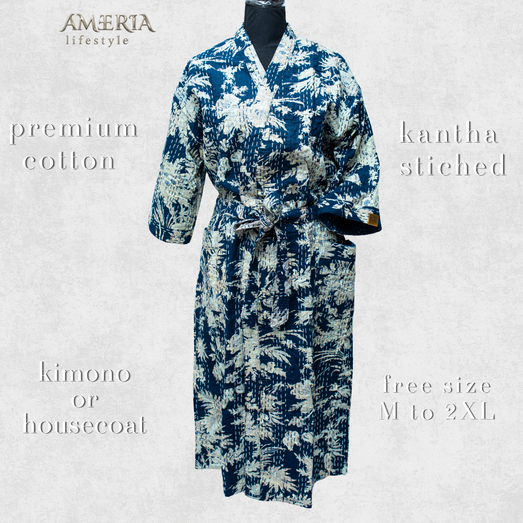 Indigo Blue Tropical Housecoat Kimono — Kantha Stitched Organic Cotton