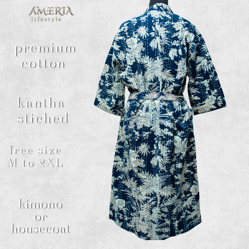 Indigo Blue Tropical Housecoat Kimono — Kantha Stitched Organic Cotton