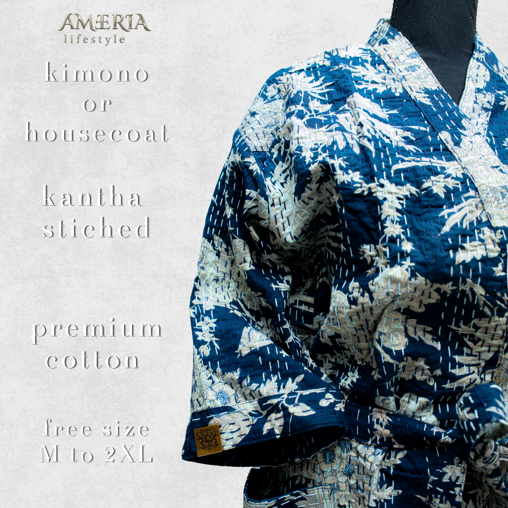 Indigo Blue Tropical Housecoat Kimono — Kantha Stitched Organic Cotton