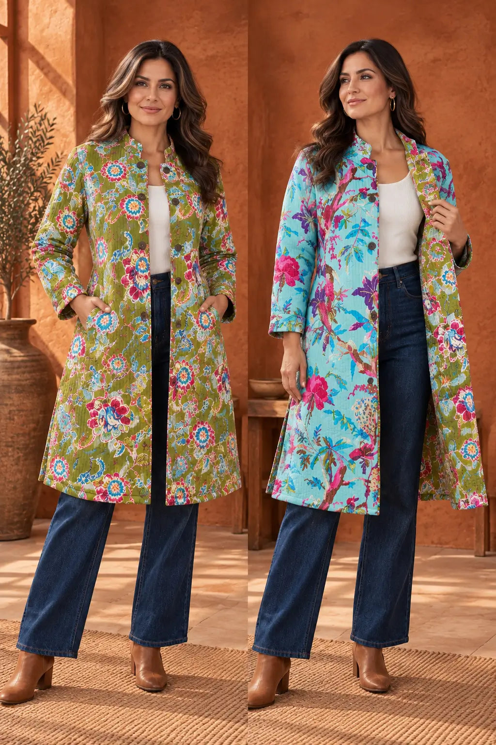 Cotton Quilted Reversible Spring/Fall Jacket - Long - Turquoise & Olive Green Floral