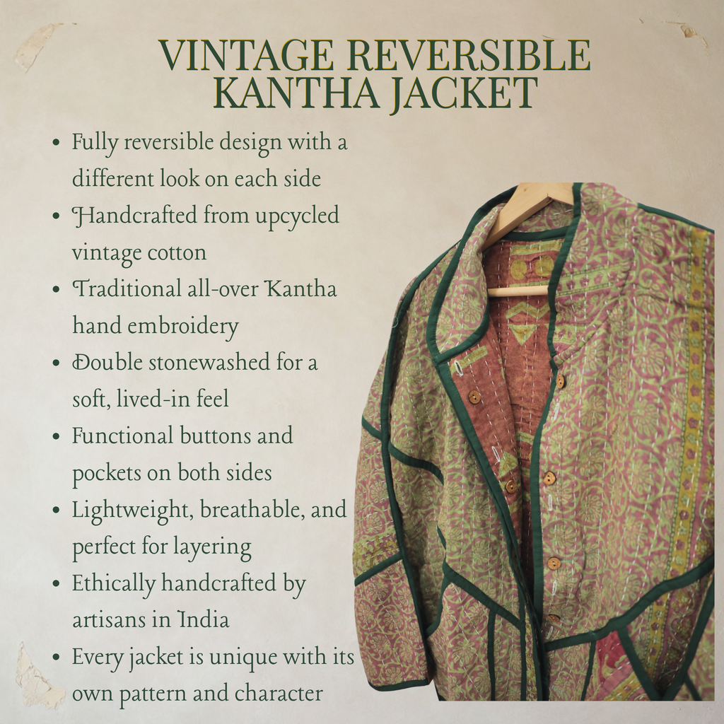 Vintage Reversible Kantha Jacket – Blush Floral & Forest Green – XL/2XL