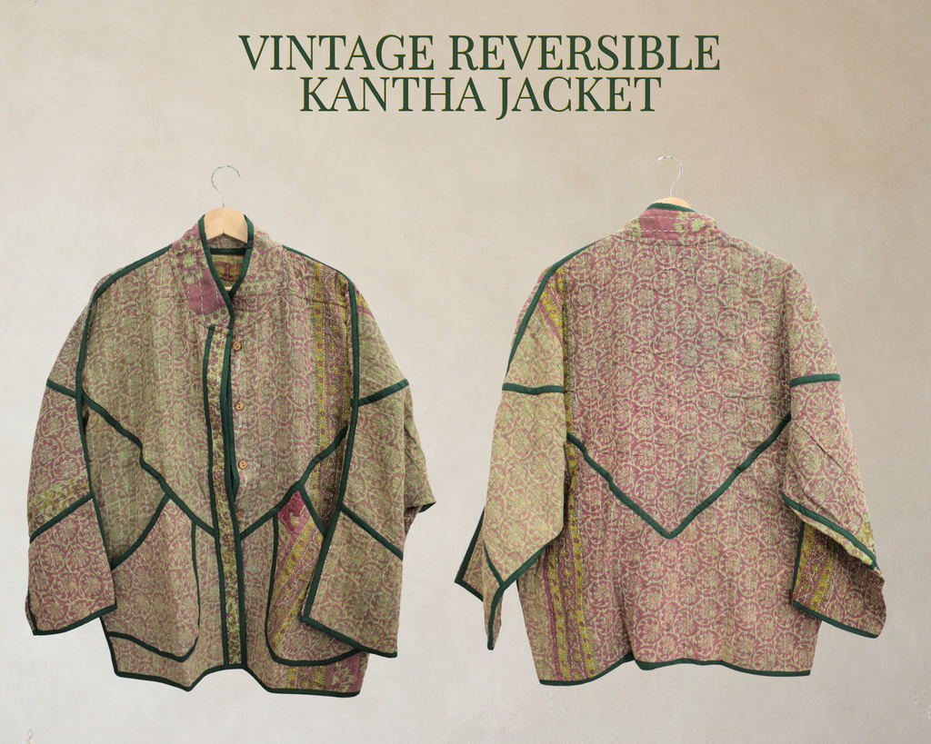 Vintage Reversible Kantha Jacket – Blush Floral & Forest Green – XL/2XL